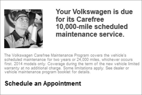 SOHO Prospecting designed and produced VW web service appointment coupon.